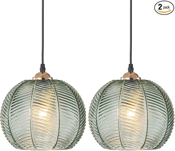 Vintage Pendant lamp 2 Pack Glass Pendant Lighting Kitchen Island Hand Blown 1-Light Modern Pendant Light with Green Glass Shade for Dining Room Bedroom Living Room