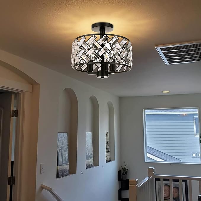 FRIDEKO HOME Black Crystal Ceiling Light - 3-Light Light Fixture Ceiling Mount Semi Flush Mount Ceiling Lights for Kitchen Bedroom Hallway Living Room Dining Room（3 Light-Black）