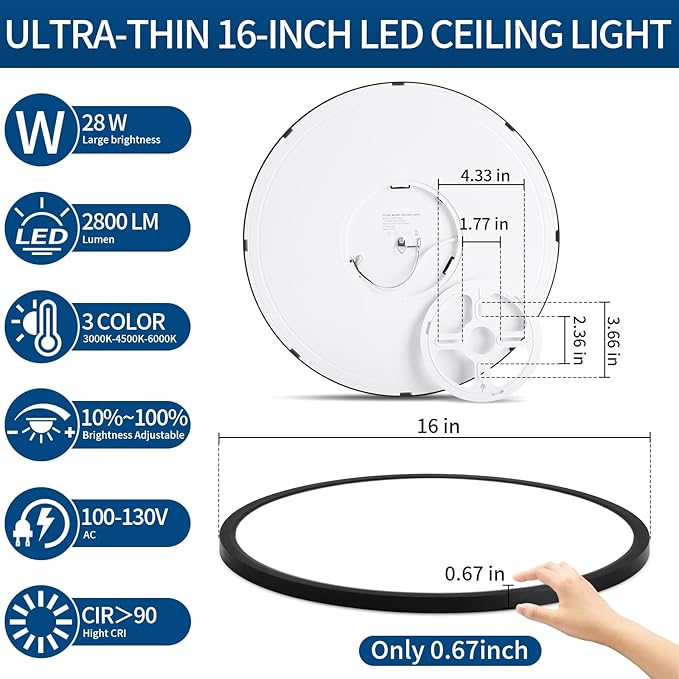 Modern 16'' Led Ceiling Light Fixture, Ultra Thin Flush Mount, Dimmable & 3000K/4500K/6000K Selectable, 28W 2800LM, Black, for Bedroom, Kitchen, Dining Room, Living Room, Home Office, Hallway