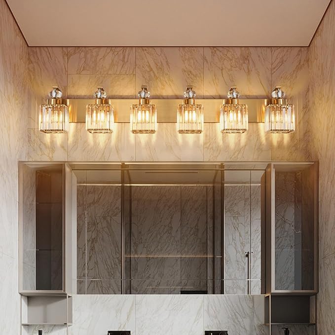 Modern Bathroom Vanity Light, 6-Light Gold Bathroom Lighting Fixtures Over Mirror, 44.1" Crystal Wall Light Sconce for Bathroom/Bedroom/Vanity, Includes LED Bulbs, Easy Installation