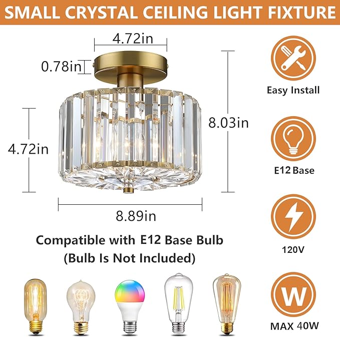 Small Crystal Ceiling Light, Modern Mini Flush Mount Crystal Chandelier, Gold Small Chandelier Light Fixture, Entryway Lighting Fixture for Kitchen Hallway Laundry Room, 1-Light, SF004-1-G