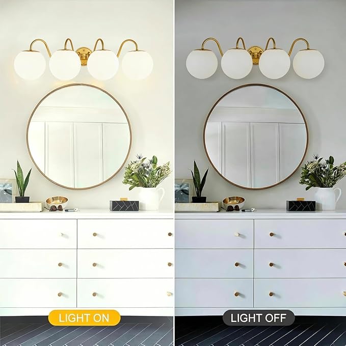 4 Lights Vintage Bathroom Vanity Light Fixtures Over Mirror, Brushed Gold Vanity Lights For Bathroom With Milk White Glass Globe Shade, Wall Lights For Bedroom, Hallway, Dressing Table(G9 Incl.)