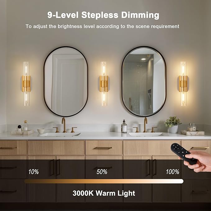 SANTOSTOCK Gold Battery Operated Wall Sconce Set of 2 with Remote Control, 12000mAh Rechargeable Wall Lights, Wireless Dimmable Wall Lamps for Bedroom Living Room Bathroom Hallway Entryway Stairwell