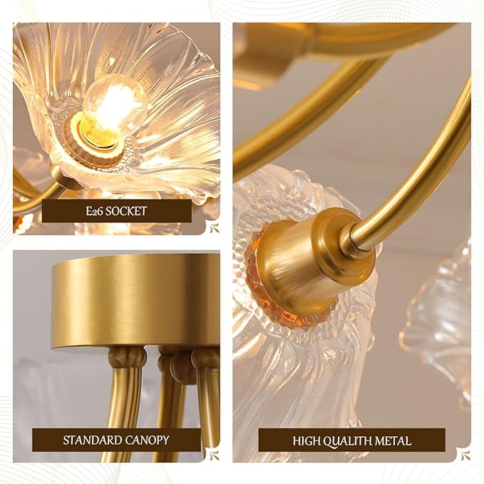 Sputnik Flush Mount Ceiling Light Fixture 8-Lights Brass Close to Ceiling Light with Clear Glass Flower Shape Mid Century Modern Ceiling Lighting Chandelier Bedroom Living Dining Room