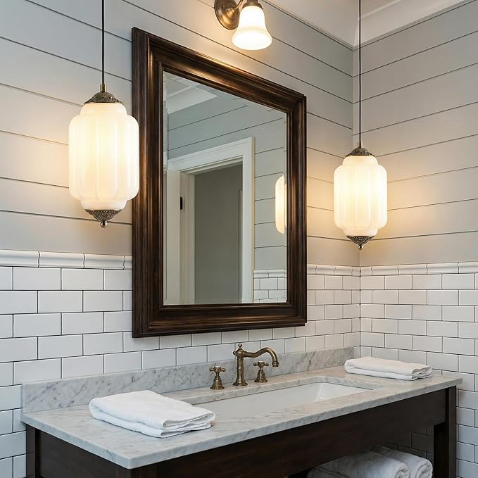Vintage Milk Glass Pendant Lights Kitchen, Brass color Glass Ceiling Light Fixture, Retro Industrial Pendant Lighting for Dining Room, Kitchen,, Entryway, Hallway (Gold metal + white glass., 5.5in)
