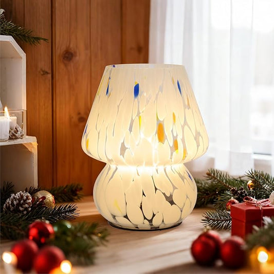 ULAROOM Cordless Mushroom Lamp-Modern Small Battery Operated Table Lamp with Timer for Home Decor,Aesthetic Glass Battery Powered Lamp for Bedroom/Kitchen/Living Room/Shelf Decor(White&Blue)