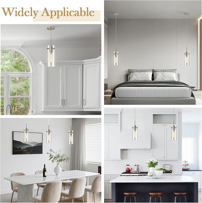 Glass Brushed Nickel Pendant Light, 2 Pack Modern Kitchen Island Pendant Lighting with Ribbed Glass, Adjustable Cord Pendant Light for Over Island, Dining Room, Bathroom Bedroom