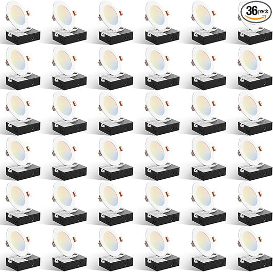 Amico 36 Pack 4 Inch 5CCT Ultra-Thin LED Recessed Ceiling Light with Plastic Junction Box, 2700K/3000K/3500K/4000K/5000K Selectable,800LM, Dimmable Canless Wafer Downlight, 10W, ETL&FCC