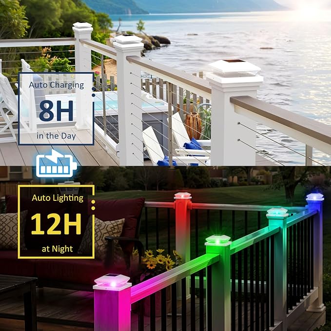 T-SUN Solar Post Cap Lights with Auto-Change Colors- for Wooden (4x4/6x6) & Vinyl (4x4/5x5) Posts | Weatherproof Outdoor Solar Fence Post Lights for Deck, Porch, Garden & Stairs(6-Pack,RGB)