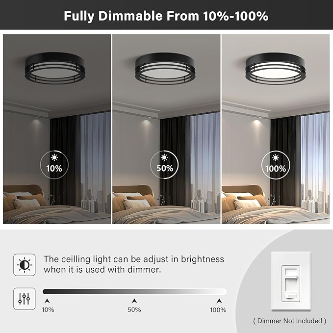 Black Flush Mount Ceiling Light, Modern Dimmable LED Light Fixture, Minimalist Metal Ceiling Lamp for Bedroom Kitchen Laundry Room Hallway Entry 2700 K - 6000 K 5CCT 11.8 Inch