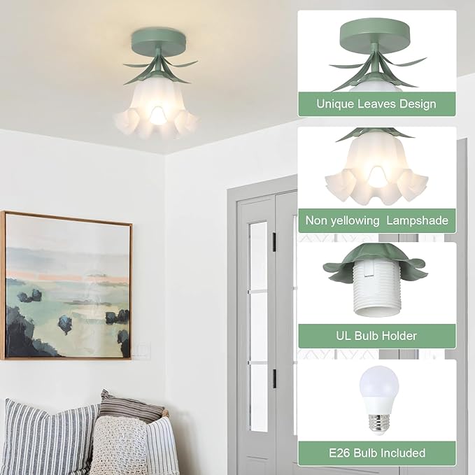Flower Semi Flush Mount Ceiling Light Fixture, Vintage Lily-Of-The-Valley Bathroom Light Fixtures Ceiling Mount, Small Hallway Ceiling Light For Kitchen Sink Closet Laundry Bedroom (Bulb Included)