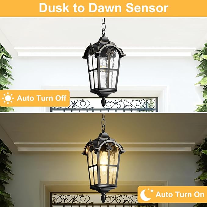 Outdoor Pendant Light Dusk to Dawn for Porch,Anti-Rust Aluminum Outdoor Chandelier, Waterproof Exterior Hanging Lighting Fixtures for Front Door, Gazebo, Black Finish with Gold Edges