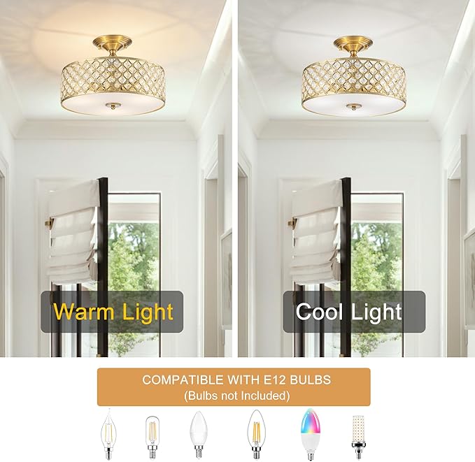 3-Light Gold Semi Flush Mount Ceiling Light Fixture,Modern Drum Crystal Metal Acrylic Round Close to Ceiling Light