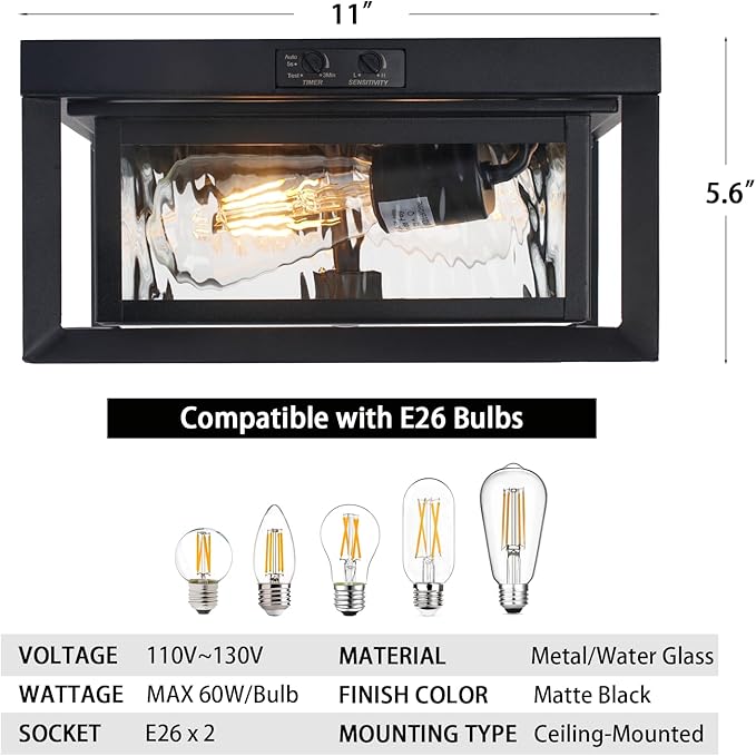 CALOKES Motion Sensor Outdoor Ceiling Light - Industrial Style, Flush Mount, Dual Box Frame with Water Ripple Glass Design - Perfect for Porch, Garage, and Entryway, Time and Sensitivity Adjustable