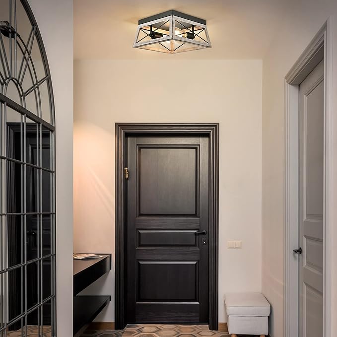 DEWENWILS Farmhouse Flush Mount Ceiling Light, Metal Light Fixture with Wood Grain Finish, 2-Lights Hallway Light Fixture Ceiling Mount for Entryway, Foyer, Dining Room