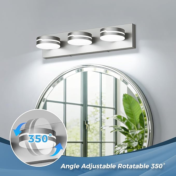 Vanity Lights for Bathroom, 18.9in Brushed Nickel Bathroom Light Fixtures Over Mirror, 3-Light Modern LED Wall Sconce Makeup Lighting, 350° Rotatable, Dimmable 6000K Cool White, Hardwired