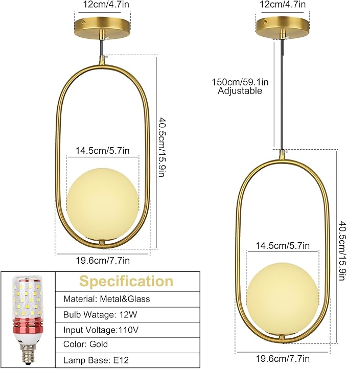 lobolighting Pendant Light Fixtures, 2 Pack Modern Gold Pendant Lighting Adjustable Height Mid Century Chandelier, Frosted Glass Globe Single Hanging Light for Kitchen Island Dining Room Bedroom