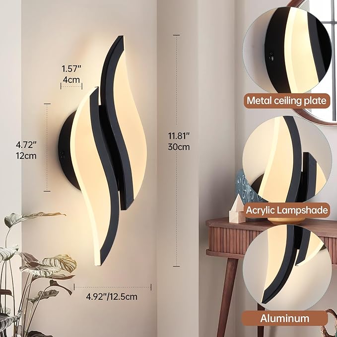 CANEOE Modern LED Wall Sconce 3000K Black Indoor Wall Light Fixtures Acrylic Wall Sconce Lighting for Living Room Bedroom Bedside Bathroom Hallway Stairway Wall Lamp (Black, 1 Pack, 3000K)