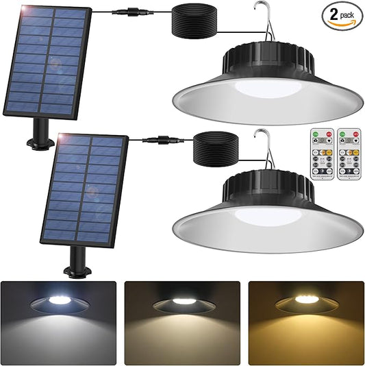 T-SUN Solar Shed Lights 2 Pack Solar Pendant Lights, Outdoor Indoor Garden Light with Remote 3000K/ 4000K/ 6000K, IP65 Waterproof for Barn Shed Shop Patio Garage Courtyard Balcony