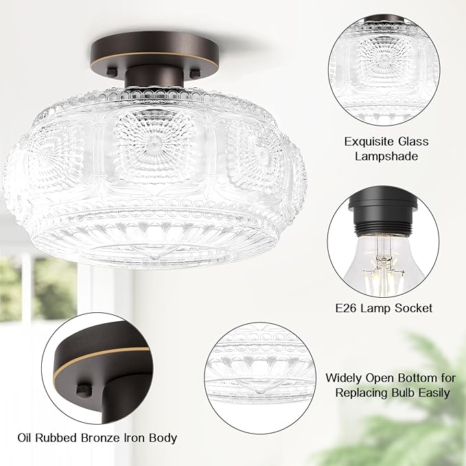 Semi Flush Mount Ceiling Light, Upgraded Larger Bronze Glass Ceiling Light Fixture, Vintage Lighting for Hallway Kitchen Bedroom Dining Room, Bulb Not Included