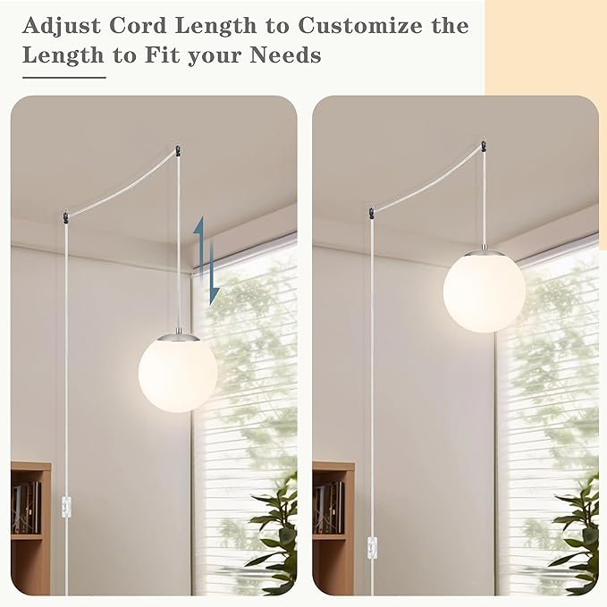 KoKo&Yukina 10" Globe Pendant Light Nickel Plug in Pendant Light Adjustable Hanging Lights with Plug in Cord Nickel Finished with Milk Glass Lampshade for Bedroom Kitchen Island (Bulb Included)