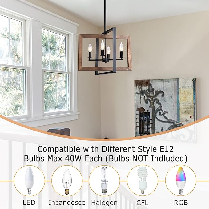 Lingkai Farmhouse Chandelier Rustic Kitchen Island Light Fixture, Industrial Pendant Lighting Fixtures Wood and Metal for Dining Room Pool Table