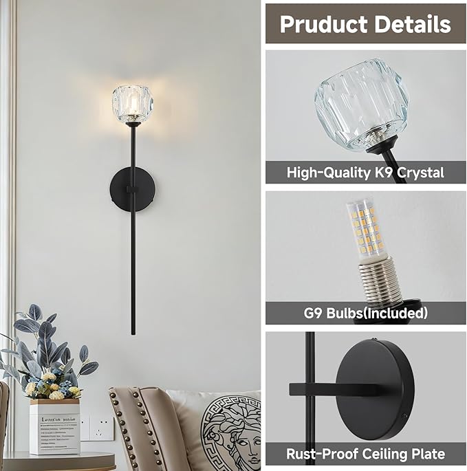 Black Crystal Wall Sconces Set of Two with G9 Bulbs, Mid Century Modern Diamond Light Brass Vintage Long Lighting Fixture Hardwired for Elegant Vanity Living Room Bedroom Bathroom Hallway