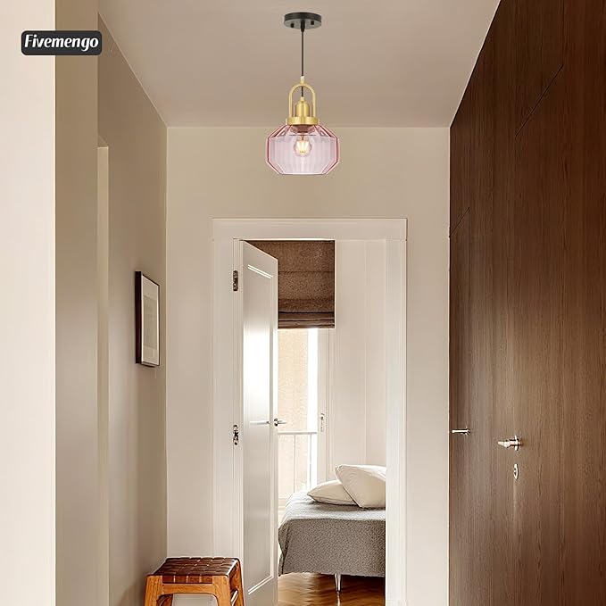 9in Mid Century Modern Pink Glass Pendant Light Fixture, Small Gold Kitchen Island Pendants Light Glass Ceiling Hanging Lamp for Foyer Dining Room Bedroom Entryway Hallway Over Sink