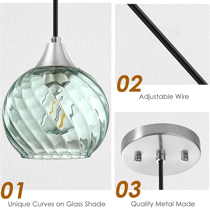Pendant Lights Kitchen Island,3 Pack Farmhouse Pendant Lights,Green Striped Swirl Globe Glass Pendant Light Fixtures,Mini Island Lights For Kitchen,Modern Hanging Light Fixture With Adjustable Height