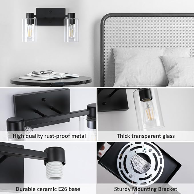 Matte Black Bathroom Light Fixtures,2-Light Bathroom Vanity Light Over Mirror with Clear Glass Shade,Modern Farmhouse Wall Sconces Lighting for Bedroom Cabinet Kitchen Living Room