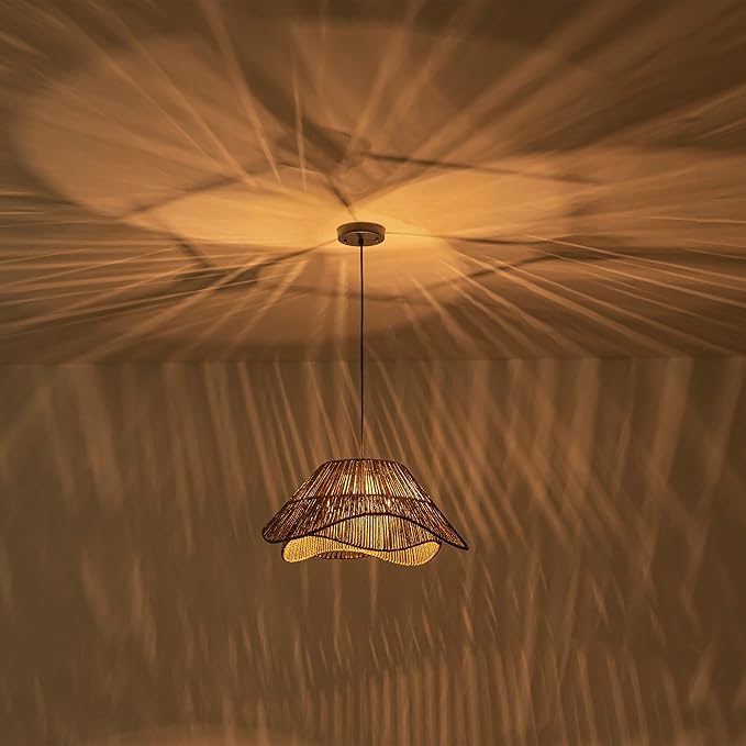 LumStory Dark Brown Rattan Pendant Light Fixture Farmhouse Boho Woven Rattan Chandelier for Dining Room, 3-Light Large Black Bohemian Rustic Wicker Ceiling Hanging Lamp Over Table for Kitchen Island