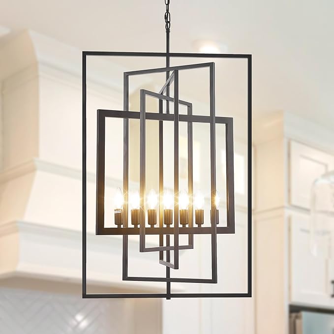 Black Farmhouse Chandelier, 7-Light Lantern Pendant Light Fixtures, Rustic Industrial Foyer Lighting Fixtures, Large Foyer Chandeliers for High Ceilings, for Kitchen Island, Staircase, Entryway