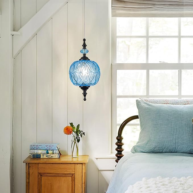 Vintage Blue and Black Glass Pendant Lights Kitchen Island Light Modern Bedroom Pendant Lighting Fixtures Hanging Lamp for Kitchen Island Bedroom Dining Room Coffee Shop Hallway