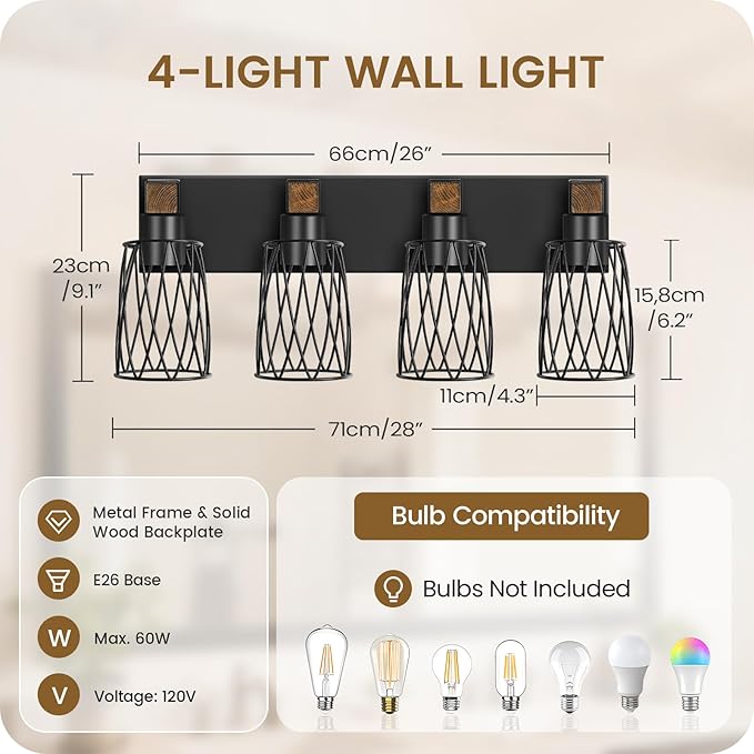 Industrial Farmhouse Bathroom Vanity Light, 4-Light Wood and Metal Wall Light Fixture, E26 Bulbs Not Included, for Bathroom, Vanity, Hallway, Black and Rustic Brown B20BD05