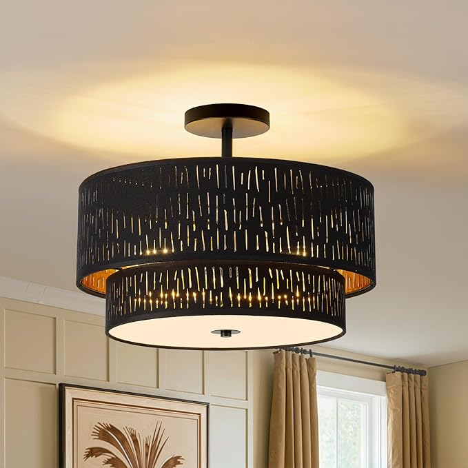 Drum Semi Flush Mount Lighting Fixture, Modern Semi Chandeliers, 2 Tier Fabric Ceiling Light, Black Fabric Shade 3-Light for Kitchen Island Bedroom Hallway Foyer, E26, W16xH12