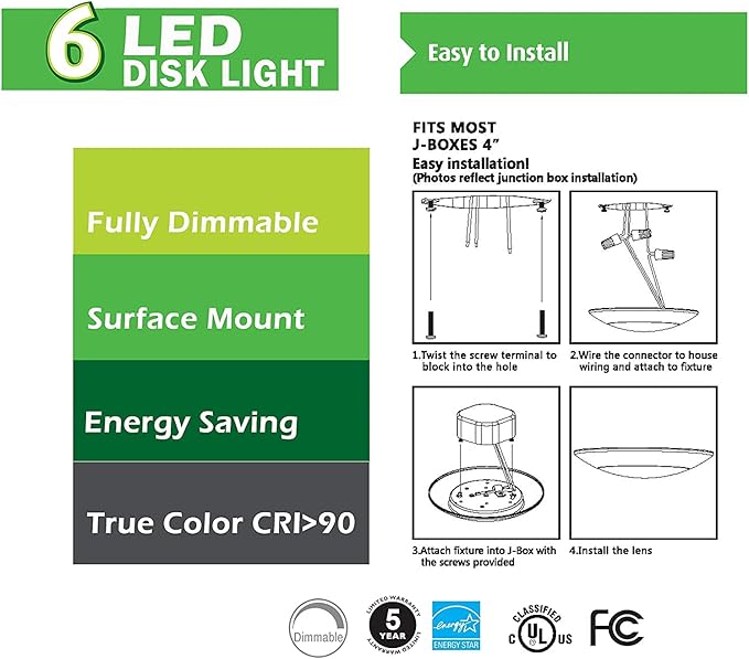 7.5" Flush Mount Ceiling Light, Dimmable LED Disk & Ceiling Lights,16.5W (120W Equivalent), 120V, 5000K, ETL - 4/6" J-Box, Wet Location LED Lights, Light Fixtures (Bright White)