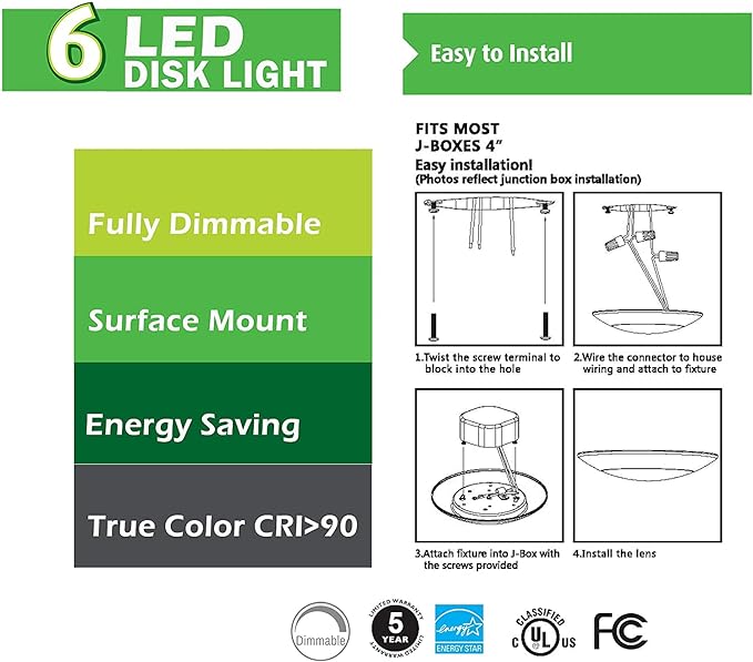 7.5" Ceiling Lighting Fixture I LED Lights for Bedroom I 16.5W (120W Eq), 120V, 2700K Porch Lights I Wet Location LED Light - 4/6" J-Box | Flush Mount Ceiling Light Fixture
