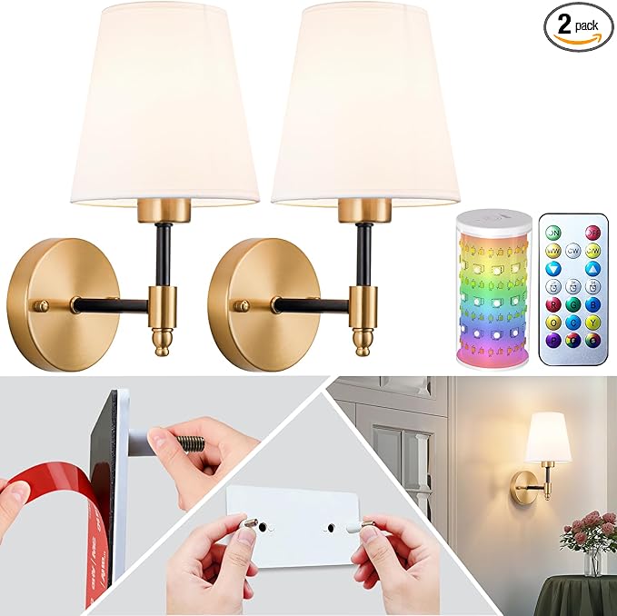 Peel and Stick Wall Sconces, Stick On Wall Sconce Set of 2, Battery Operated Wireless Adhesive Wall Lights, Corn Bulb with 10000mAh Battery, Easy Install for Bedroom Living Room Wall Decor