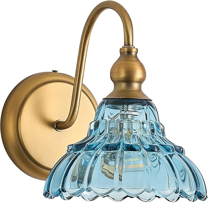 Vintage Blue Glass Lampshade Bedroom Wall Sconces 1-Light Hardwired Wall Mount Bathroom Wall Sconce Light Fixtures for Hallway Kitchen Dress Room