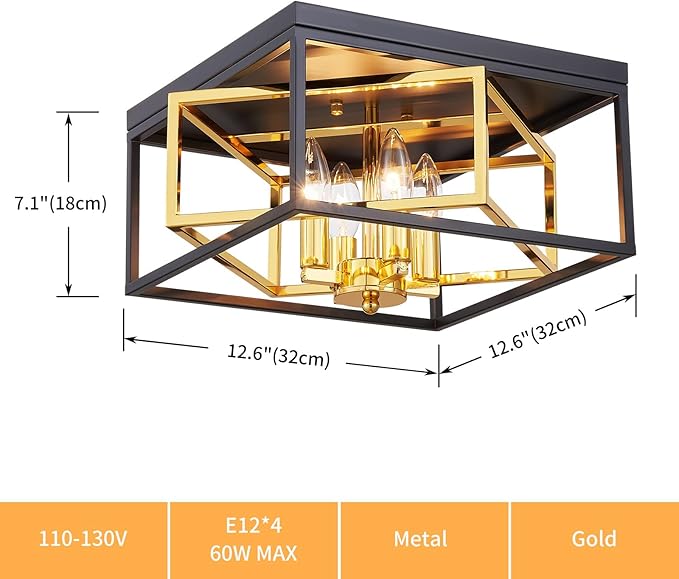Square Ceiling Light, 4-Light Flushmount Modern Close to Ceiling Light Fixture for Living Room, Bedroom, Dining Room, L13 x W13 x H7 inch, Black & Gold Finish Frame