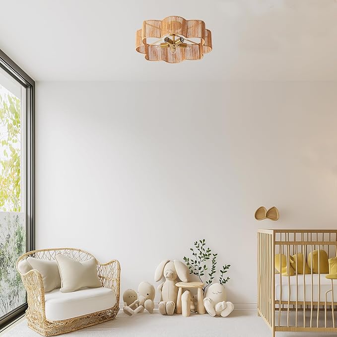 21” Rattan Light Fixtures Ceiling Light， Wicker Boho Chandelier with Hand Woven Brushed Brass Finish Flower Shade for Kids Room Bedroom Laundry Room Cloak Room 5-Light