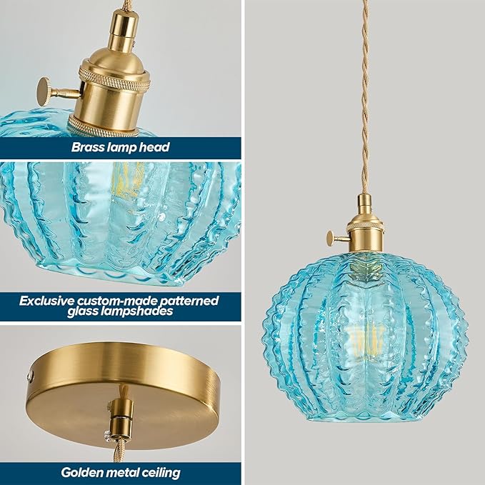 Blue Vintage Glass Ceiling Pendant Light Modern Small Globe Pendant Lights Hanging Light Fixture Applicable Staircases Lighting for Kitchen Sink Dining Room Bedroom Dining Room