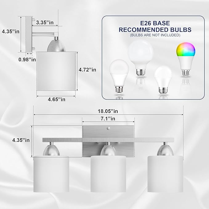 Bathroom Lighting Fixtures Over Mirror Brushed Nickel, Anti-Rust 3-Light Bathroom Vanity Lights, Modern 18Inches Wall Sconces E26 Base, Milky White Glass Shades, Bulbs Not Included