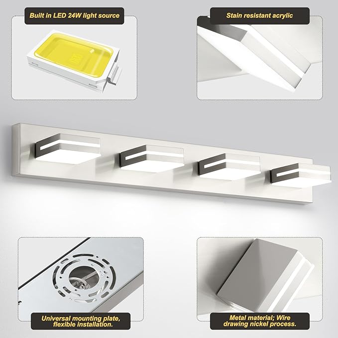 OKELI 4 Light Bathroom Vanity Light Brushed Nickel Modern 32W LED Dimmable Vanity Light Over Mirror 350° Adjustable Lamp Head Cold White 6000K ETL Listed 30Inch