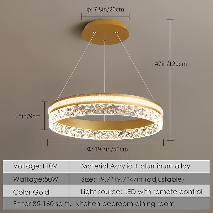 Modern LED Chandelier 1 Ring 19.7in Pendant Lighting for Kitchen Island 50W Dimmable LED Pendant Ceiling Light Gold Hanging Light with Remote for Kitchen Dining Room Bedroom Living Room