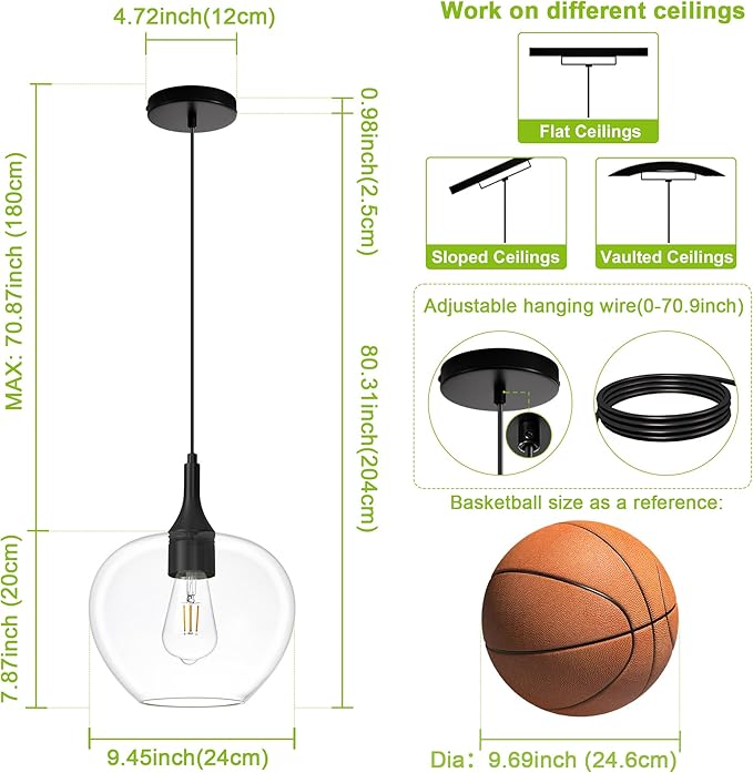 Glass Pendant Lights Kitchen Island, 9.45'' Matte Black Pendant Lighting Fixtures, Modern Hanging Ceiling Light with Clear Glass Shade for Farmhouse Dining Room Bedroom Hallway(1 Pack)