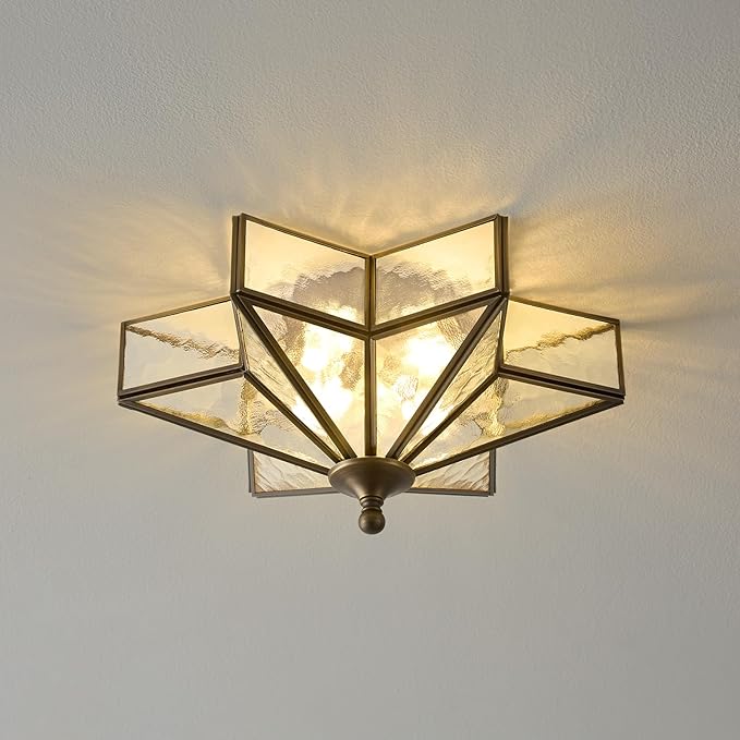 Star Brass Glass Ceiling Light - Small 12 Inch Black Bronze Hammered Flush Mount Fixture - Unique Art Deco Vintage Modern Lighting Lights for Bedroom Dining Entry Hall Hallway Outdoor Porch