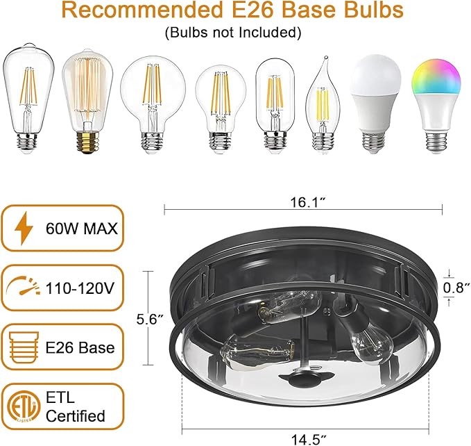 16 Inch Flush Mount Ceiling Light with Clear Glass Shade, 3-Light Indoor Outdoor Farmhouse Lighting Flush Mount Lights for Kitchen Bedroom Porch Living Dining Room(Large)