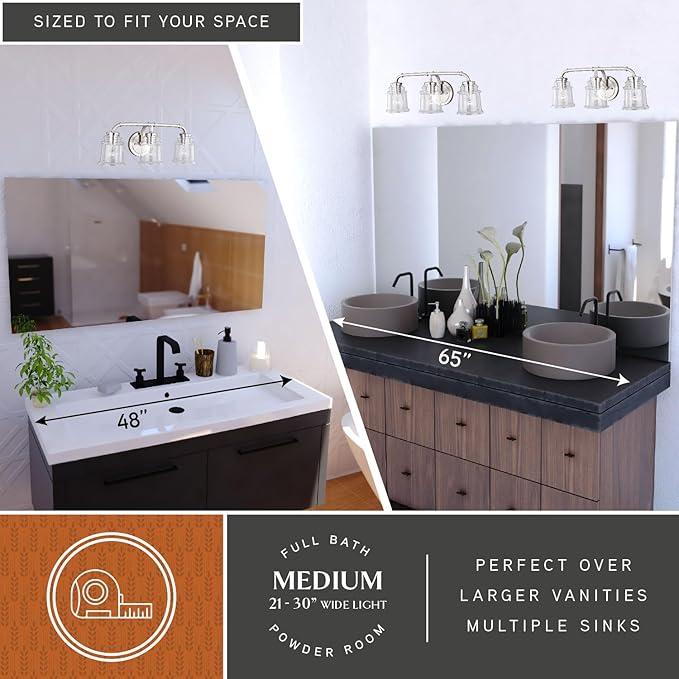 VAXCEL Toledo 3-Light 22 inch Wide Satin Nickel Industrial Bathroom Vanity Lighting Fixture, Clear Glass Shade, Dimmable, LED Compatible, Over The Mirror Mounted Steel Wall Sconce