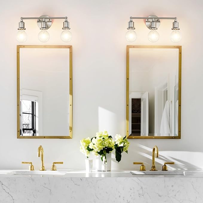 3-Light Vanity Light Fixture, Modern Brushed Nickel Wall Sconce Light Fixture, Farmhouse Silver Bathroom Wall Lighting for Over Mirror, E26 Base Wall Lamp for Bedroom (Bulb Not Included)
